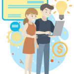 Zwei Personen arbeiten gemeinsam am Laptop mit Symbolen für Ideen und Zusammenarbeit