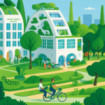 Illustration einer nachhaltigen Stadt mit Tandemfahrrad und begrünten Gebäuden