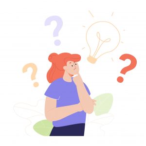 Pensive girl thinking flat vector illustration. Question marks and lightbulb in background. Woman searching for solutions and ideas. Problem, wonder, choice concept